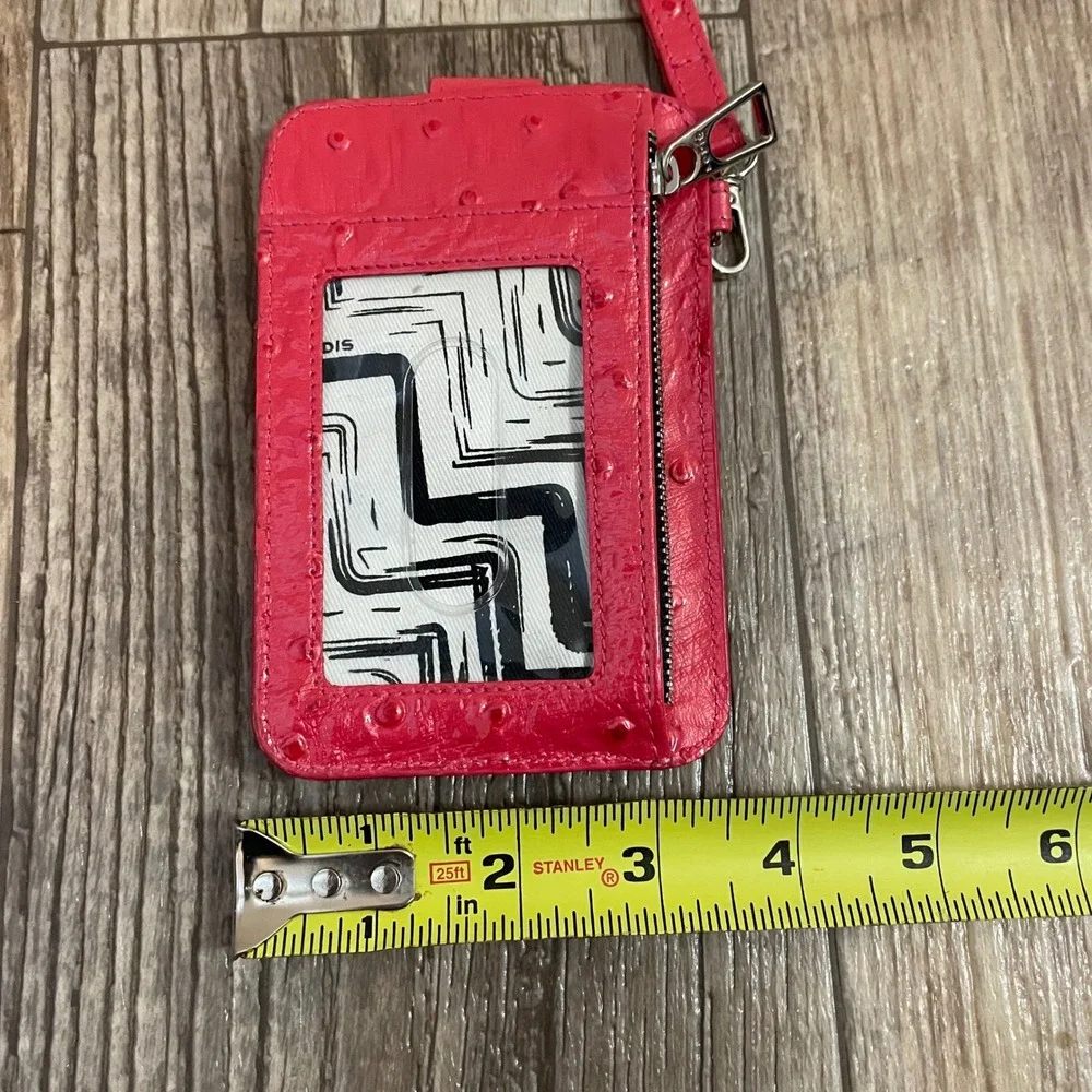 Lodis Pink Ostrich Embossed Leather Card Case Wristlet ID Wallet Zipper Pocket‎
